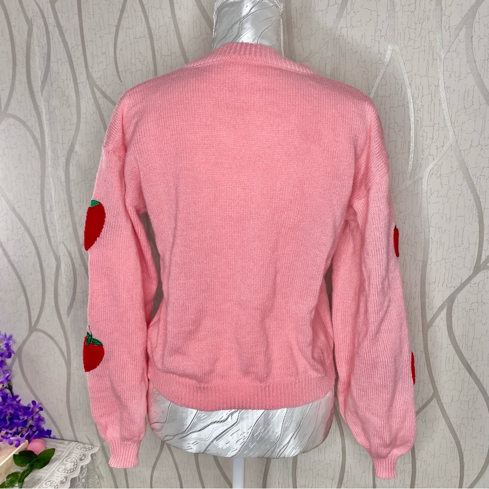 🎀🍓 Pink Knit Whimsical Strawberry Flounce Sleeve Sweater 🍓🎀 NWT - Picture 8 of 10
